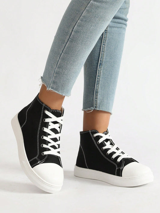 One Pair Of Girls' Fashionable Classic Comfortable Solid Color Lace-Up High-Top Canvas Sneakers. Suitable For All Seasons, Casual Sports Shoes For College Style And Street Style Outfits.