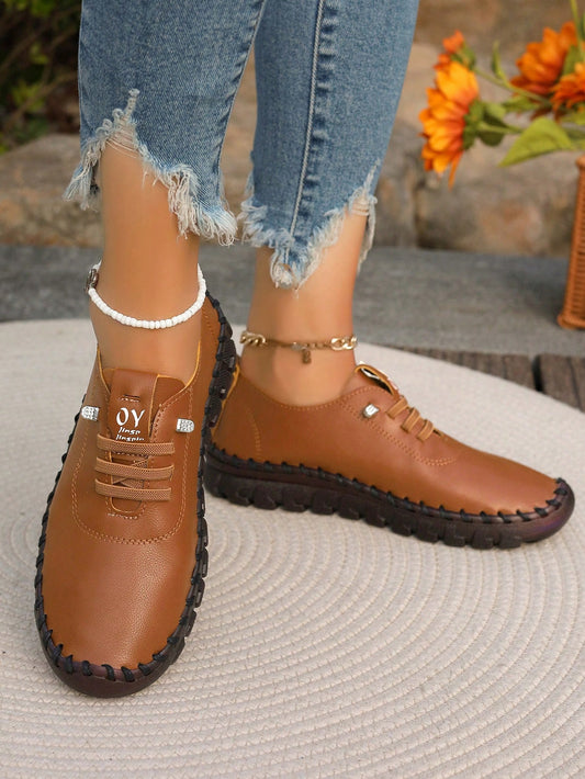 Women Fashionable Daily Simple Casual Shoes, 2024 New Comfortable Soft-Sole Cowhide Shoes With Stitching For Mothers