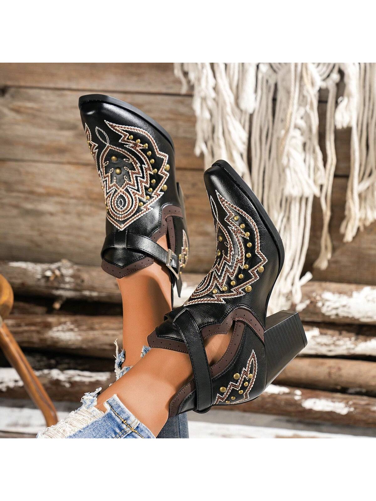 Women Fashionable Punk Embroidered Western Ankle Boots