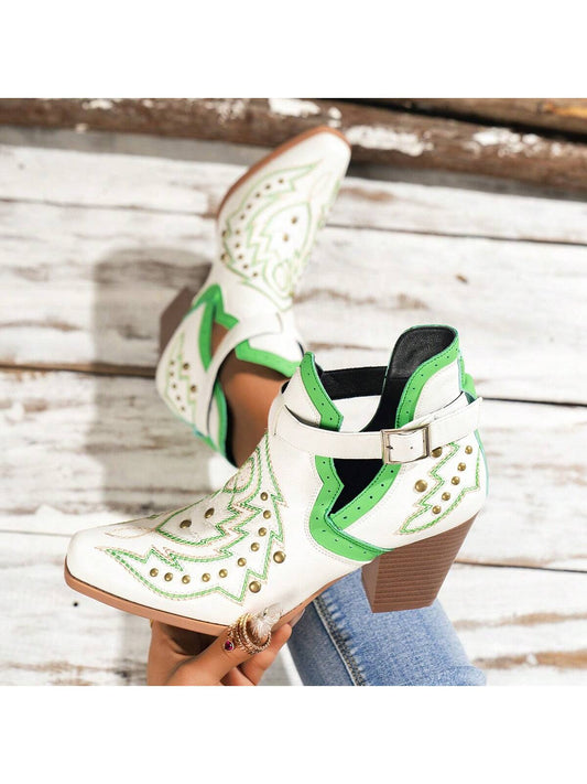 Women Fashionable Punk Embroidered Western Ankle Boots