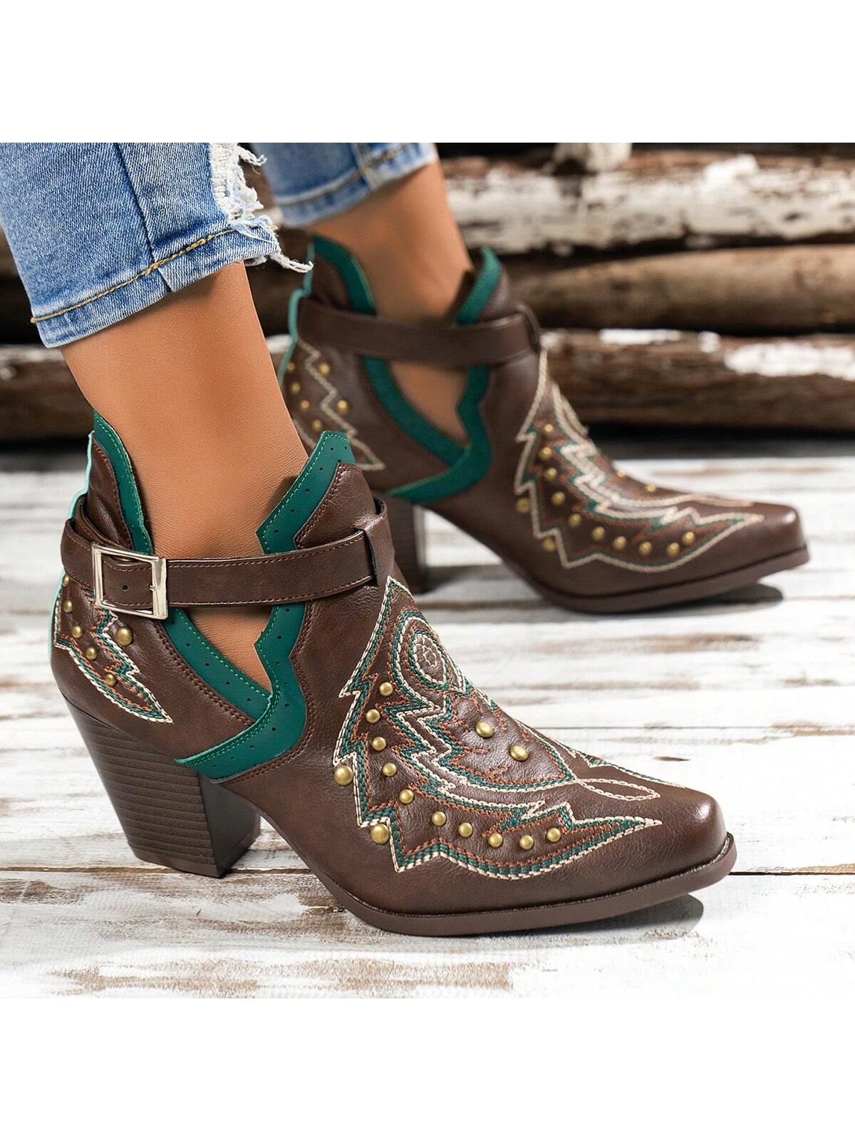 Women Fashionable Punk Embroidered Western Ankle Boots