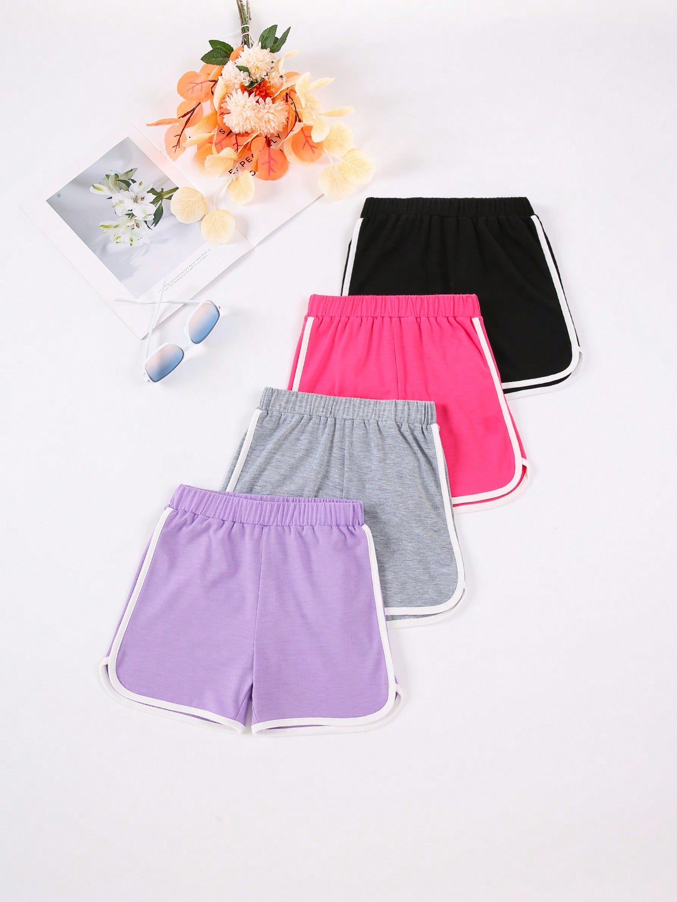 Young Girl Summer Sports Shorts 4pcs Set (Black, Red, Gray, And Purple), Outdoor Casual Bottoms