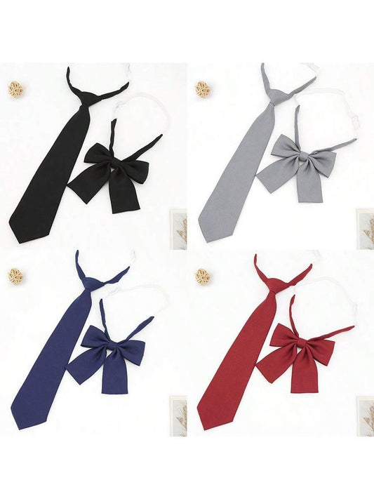 2pcsset 33cm Adjustable Solid Color Necktie With Bowtie Set For Boys And Girls,  Prefect For Students Uniform, Performance, Party, Etc.