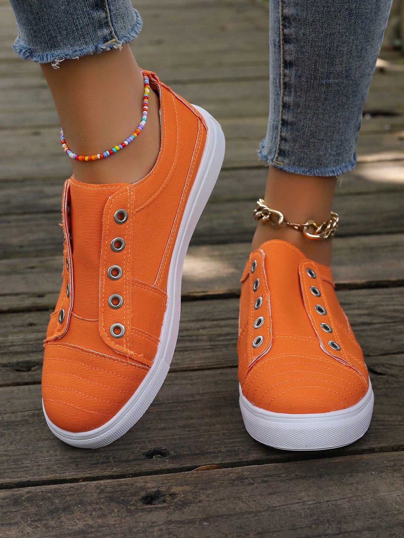 Casual Slip-On Canvas Shoes For Women, Orange, Round Toe, Flat Heel, Lace-Free