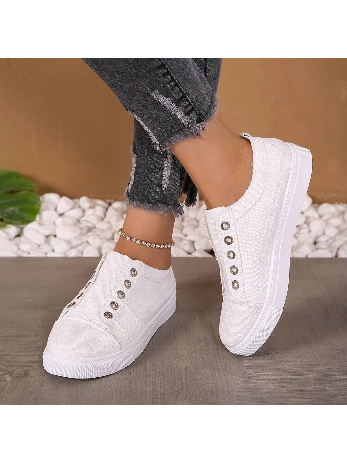 Casual Slip-On Canvas Shoes For Women, Orange, Round Toe, Flat Heel, Lace-Free