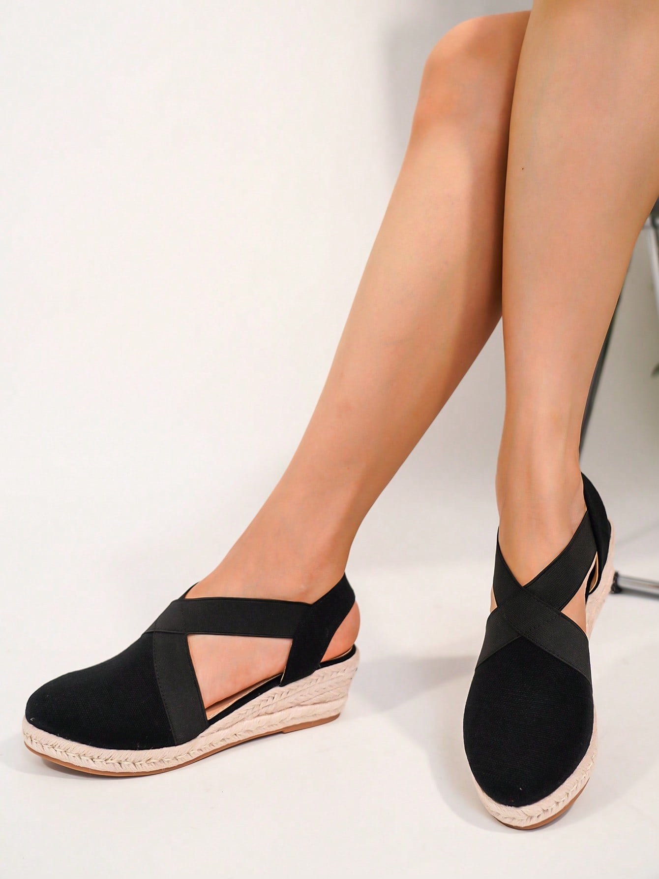 Women Cut Out Espadrille Slingback Wedge Sandals, Vacation Summer Hollow Out Black Ankle Strap Wedges