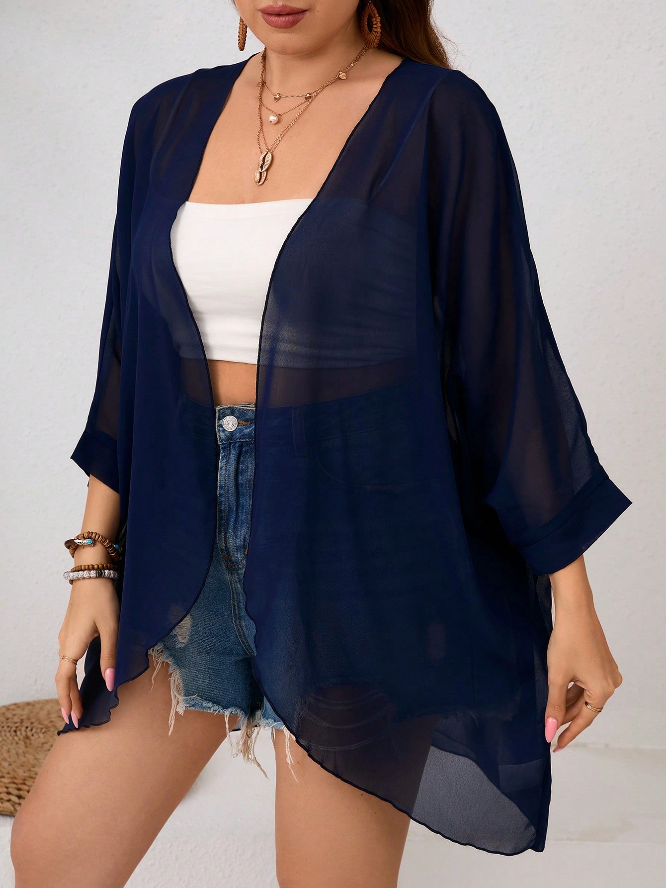 Plus Size Women Loose Open Front Batwing Sleeve Solid Color Coat For Summer