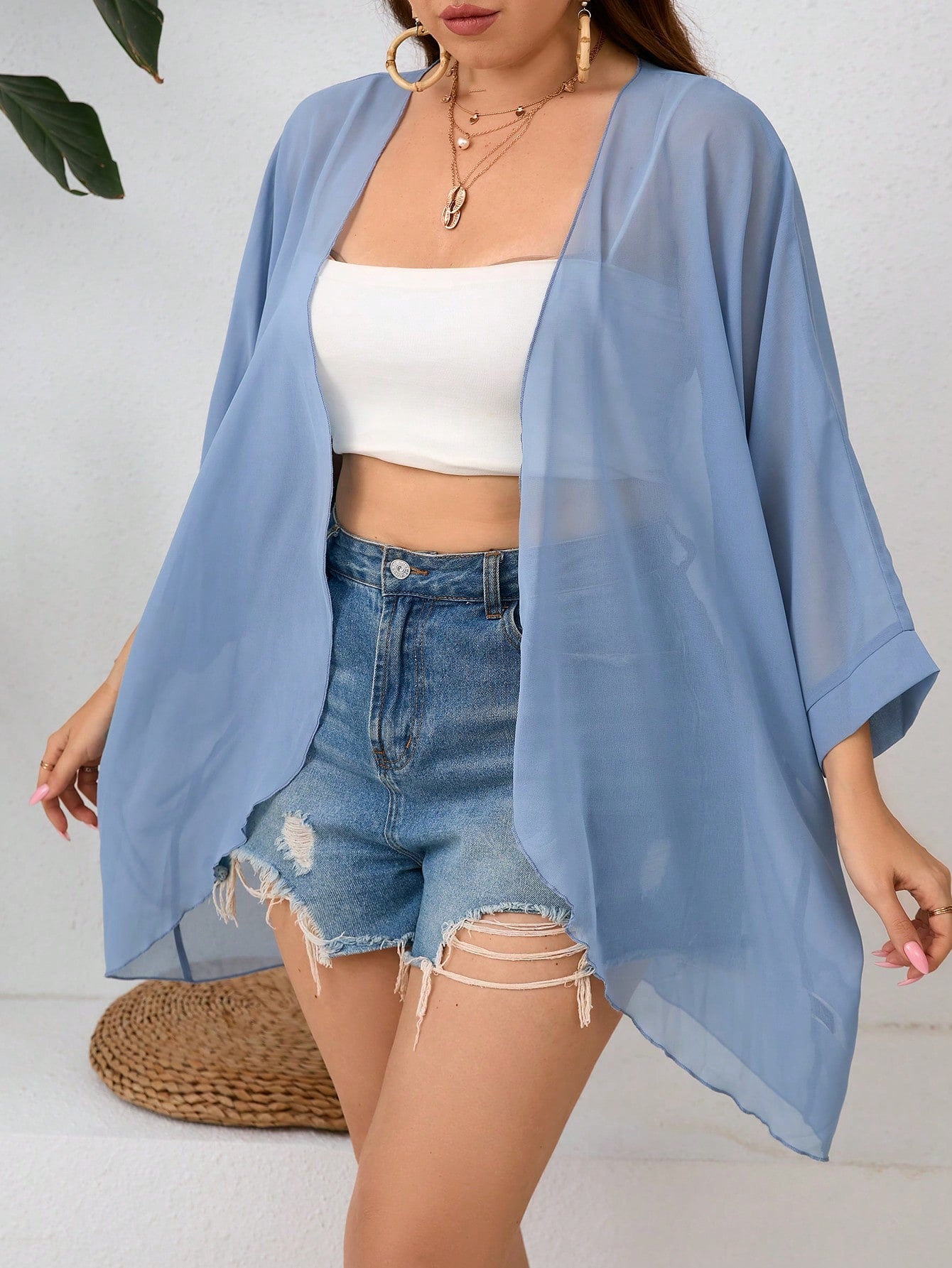 Plus Size Women Solid Color Batwing Sleeve Loose Open Front Coat With Asymmetrical Hem