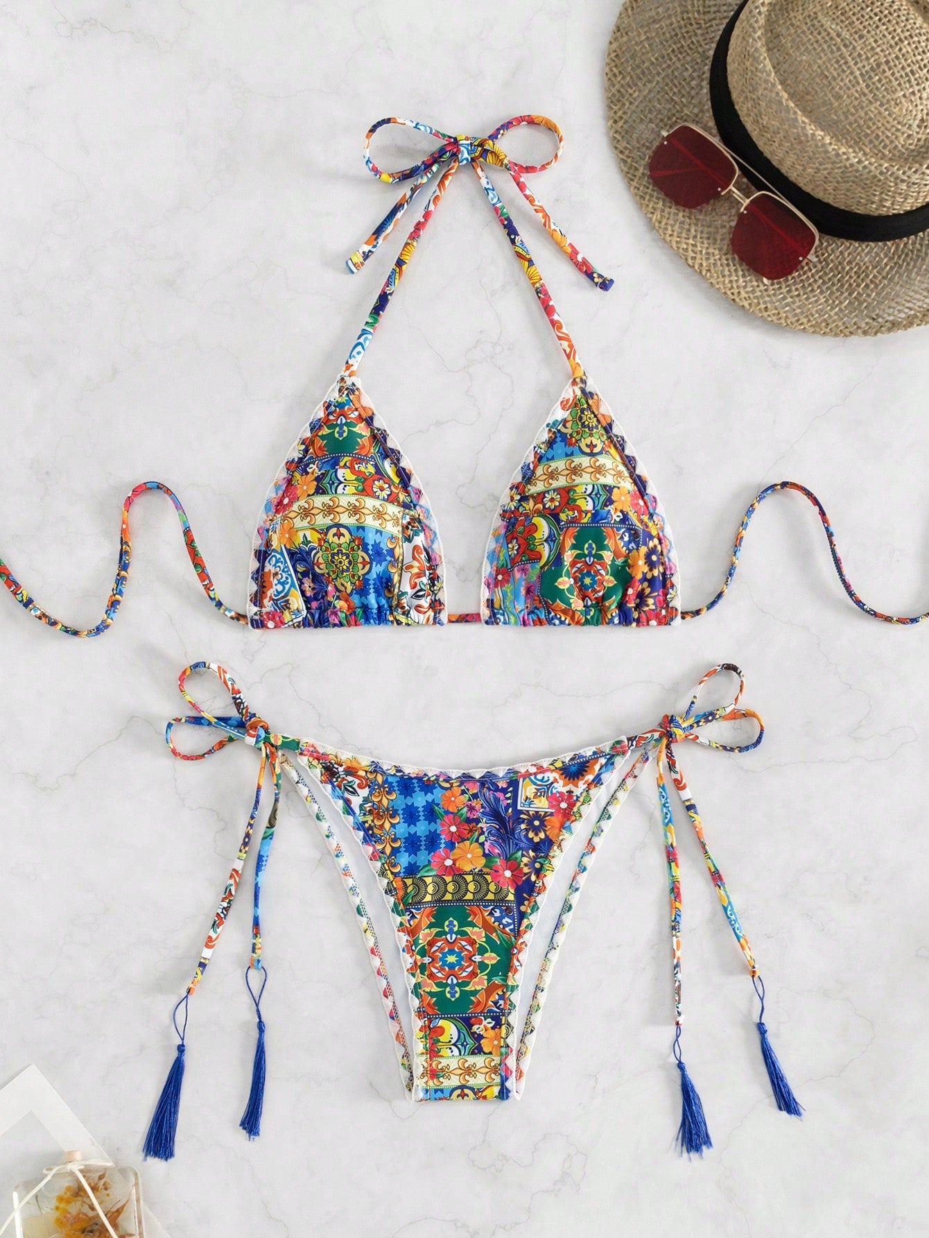 Swim Printed Halter Neck Bikini Two Piece Swimsuits Set, String Beach Outfit Bathing Suit Summer,Summer Beach