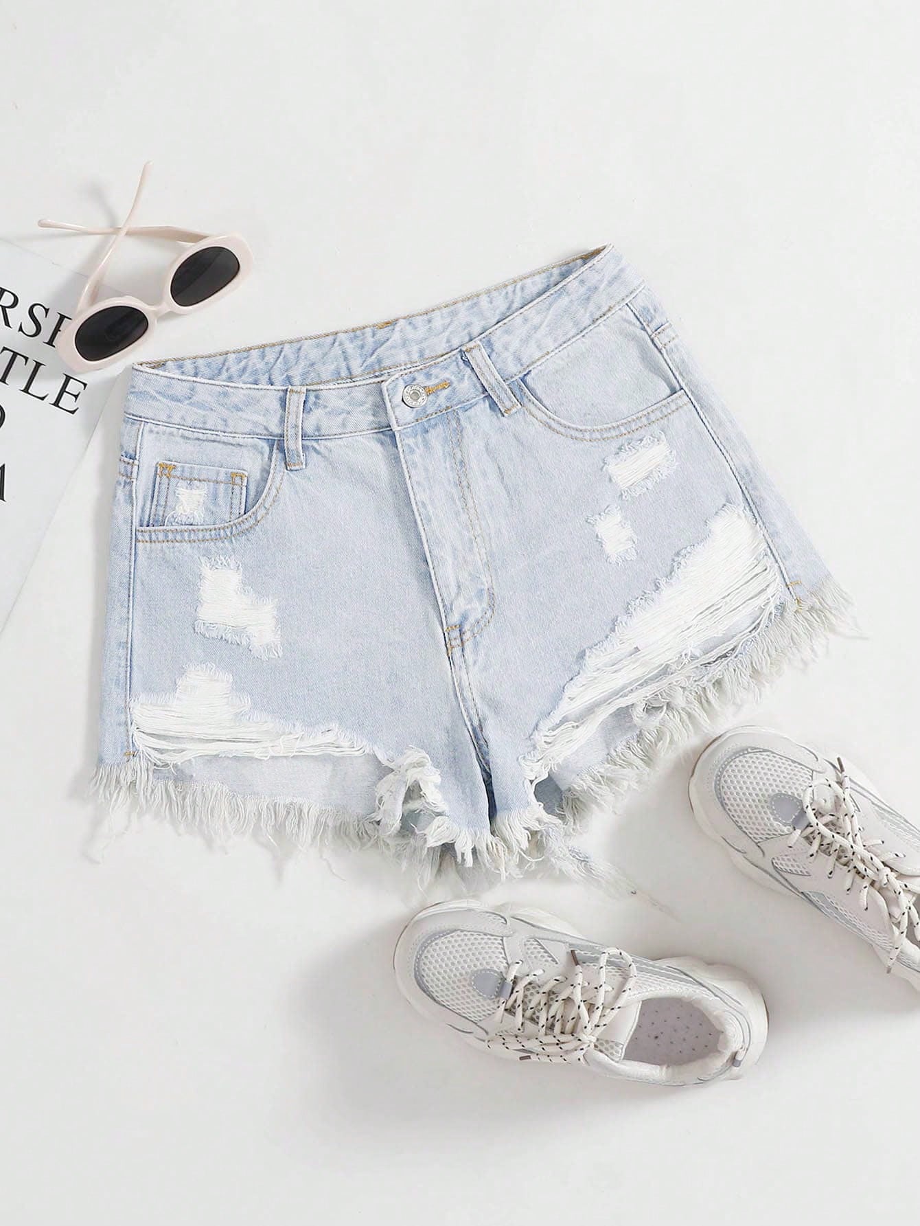 Women Distressed Frayed Hem Casual Denim Shorts For Spring And Summer