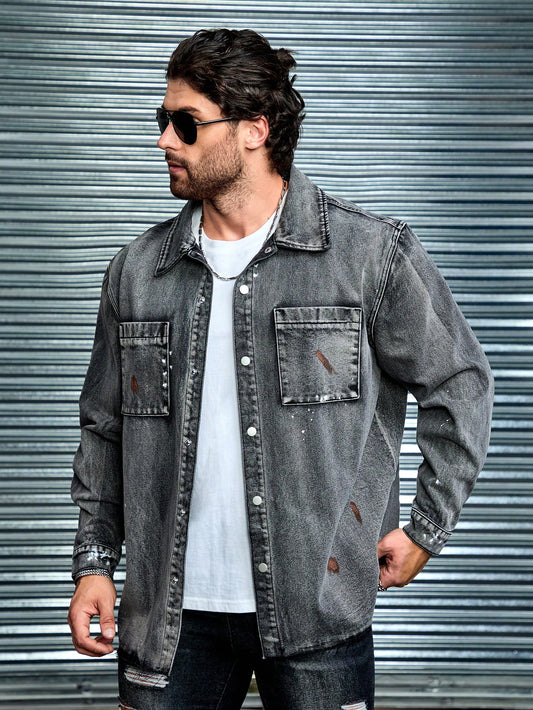 Men Plus Size Grey Denim Shirt With Bleach Splash And Distressed Detail Oversize Long Sleeve Button Up Plain Dark Going Out Denim Shirt