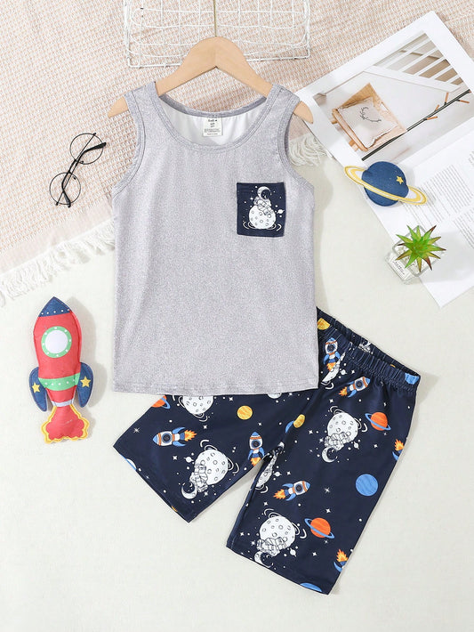 Tween Boys Summer Night Glow Astronaut Print Round Neck Top And Shorts Pajama Set, Snug Fit