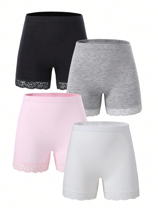 Young Girl 4pcs/Pack Lace Splice Solid Color Comfortable Boxer Briefs