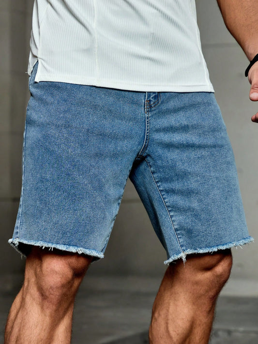 Men Plus Size Fringe Hem Light Blue Denim Shorts For Casual Outfits