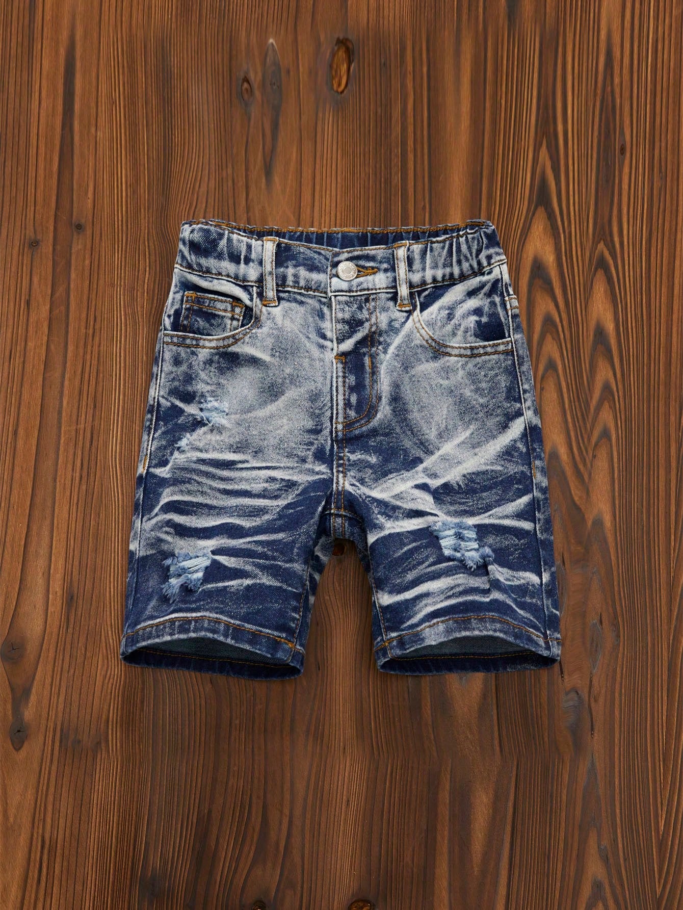 Young Boy Casual Street Style Dark Wash Vintage Elastic Waist Stretch Denim Shorts