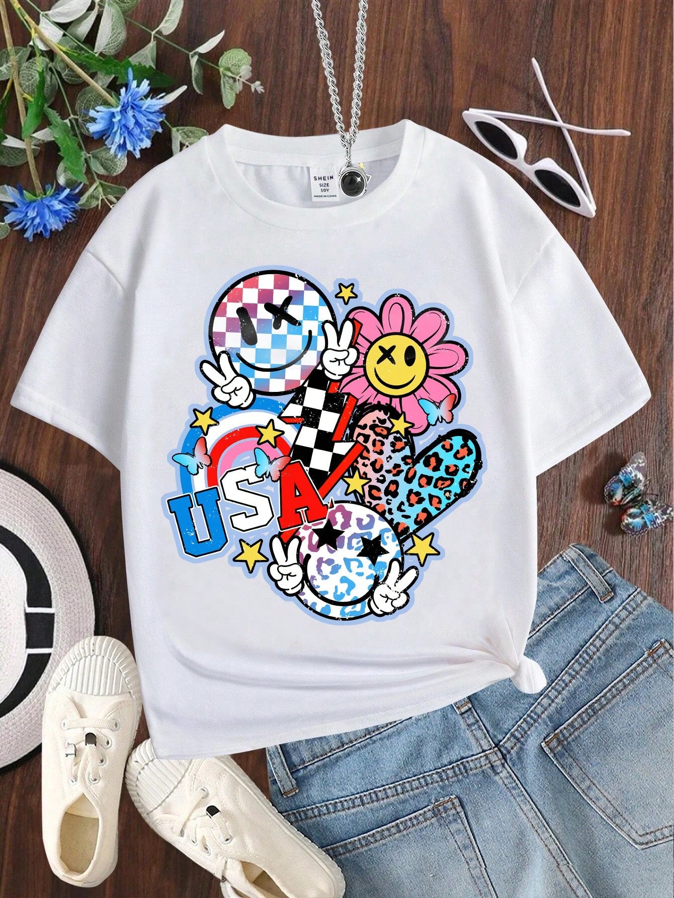 Tween Girl Summer Casual Simple Cartoon Smiling Face & Five-Pointed Star Pattern Pink Short Sleeve T-Shirt, Round Neck