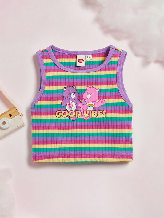 Young Girl Cartoon Bear And Letter Printed Striped Color Block Tank Top For Summer