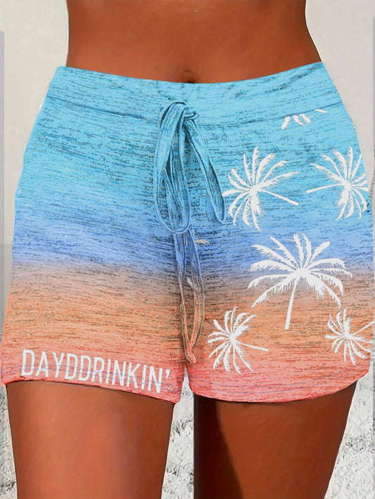 Holiday Beach Coconut Tree & Letter Print Gradient Shorts