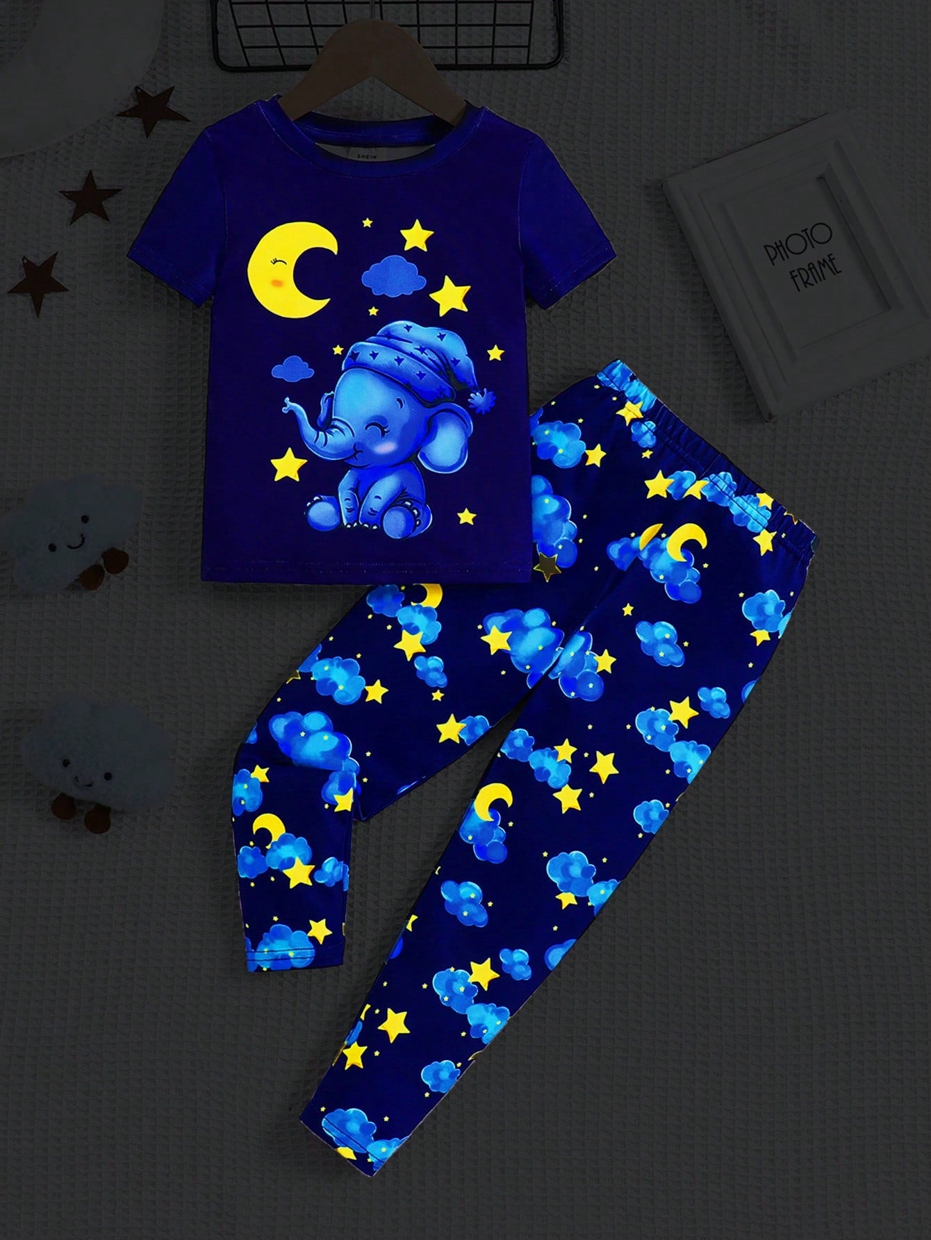 Young Boy Snug Fit Cute Cartoon Pattern Short Sleeve Top And Long Pants Knit Comfortable Casual Pajamas Set, 2pcs