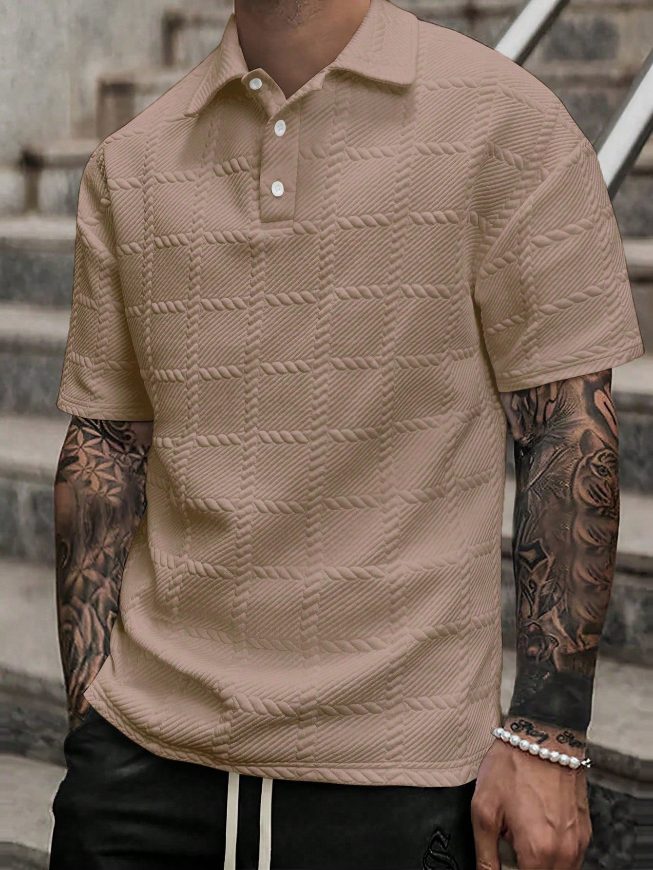 Men's Spring/Summer Solid Textured Short Sleeve Polo Shirt