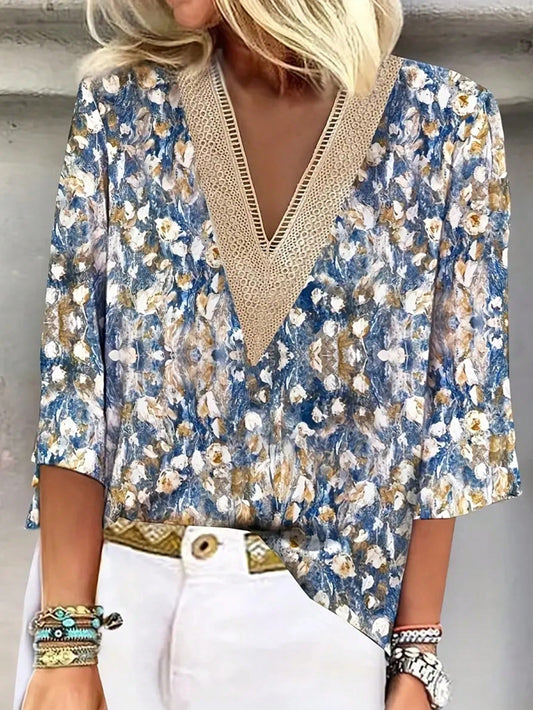 Women Summer V-Neck Floral Printed Casual Blouse