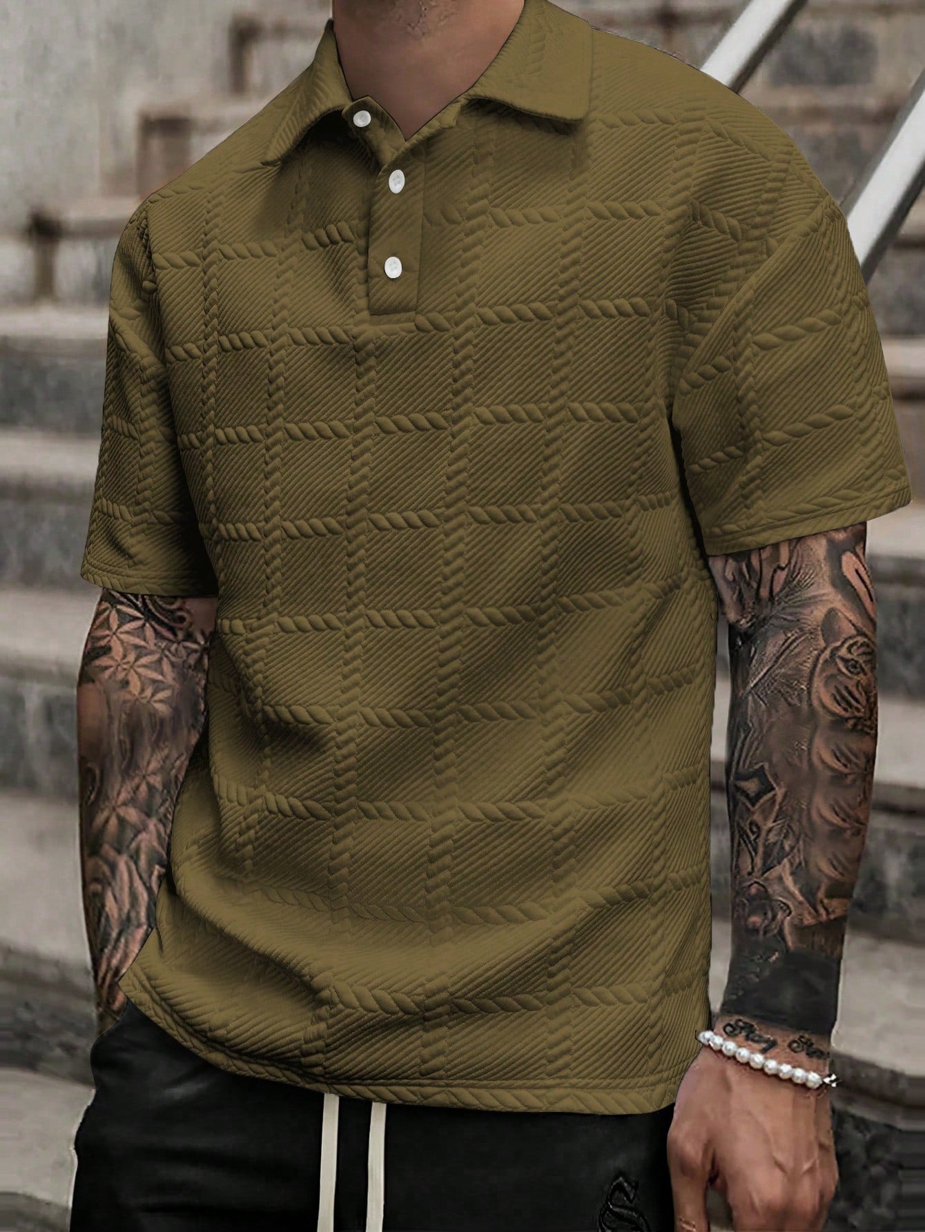 Men's Spring/Summer Solid Textured Short Sleeve Polo Shirt