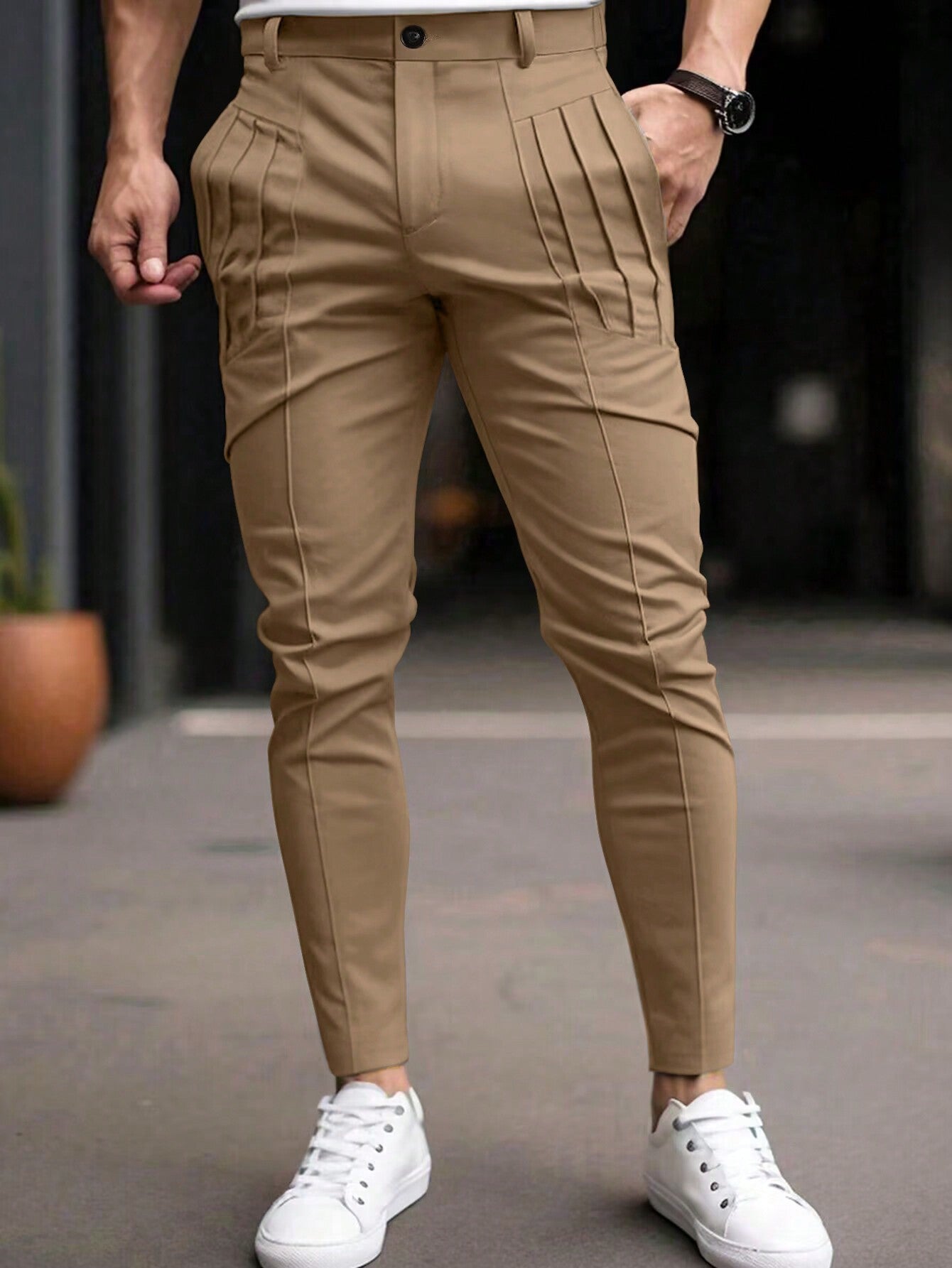 Men Solid Color Casual Suit Trousers With Pockets