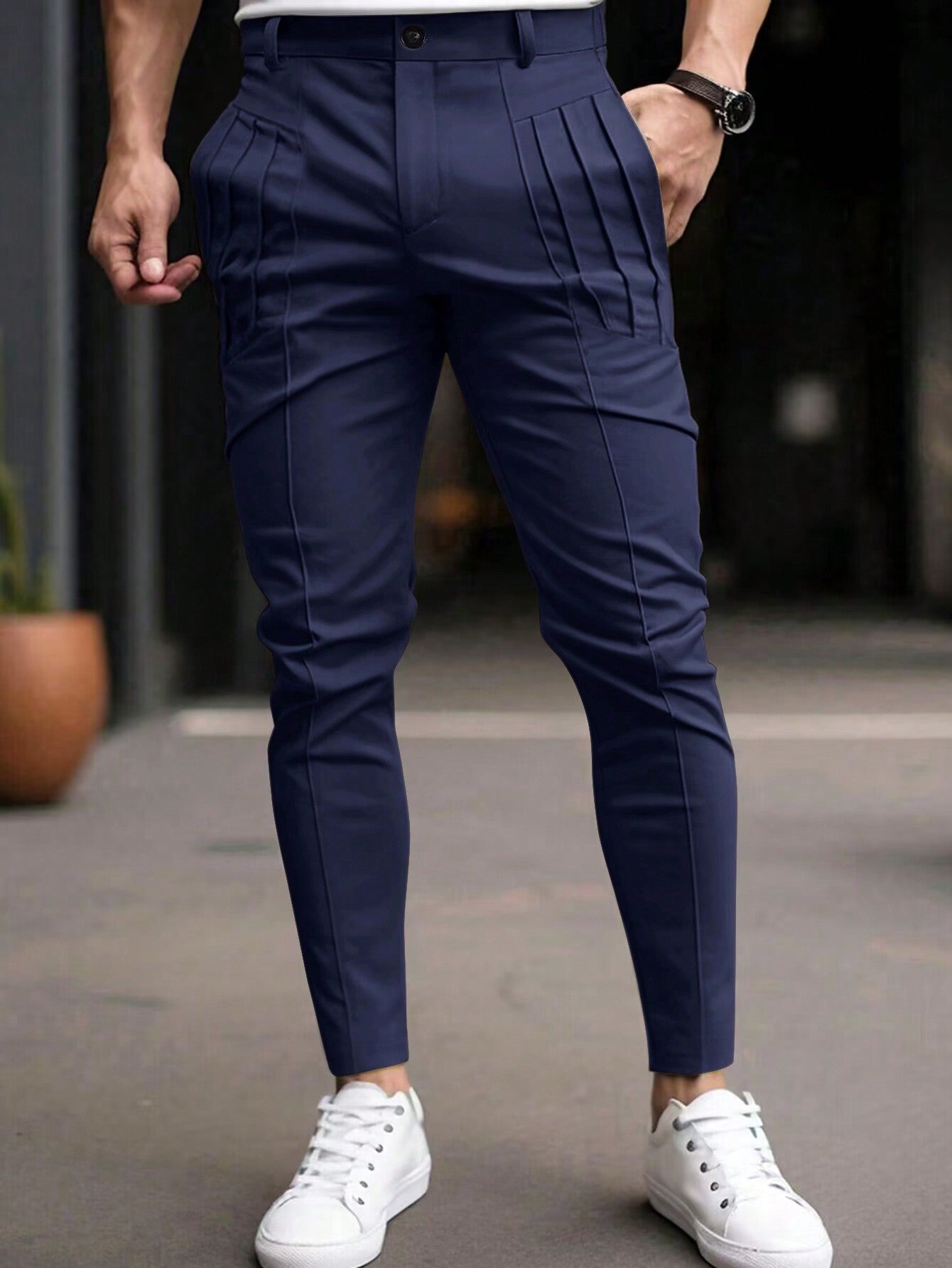 Men Solid Color Casual Suit Trousers With Pockets