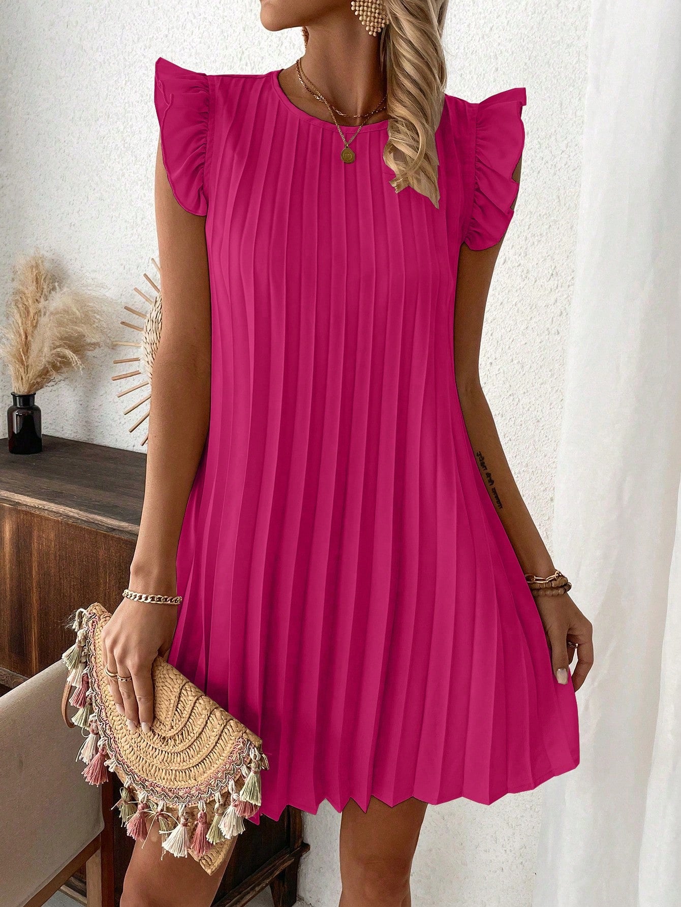 Women's Solid Color Ruffled & Pleated Decoration Sleeveless Dress