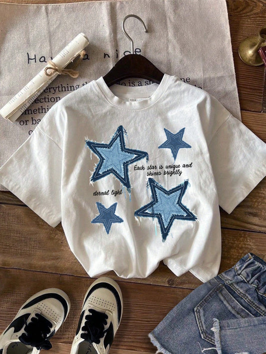 Tween Girl Casual Simple Star Printed T-Shirt, Summer