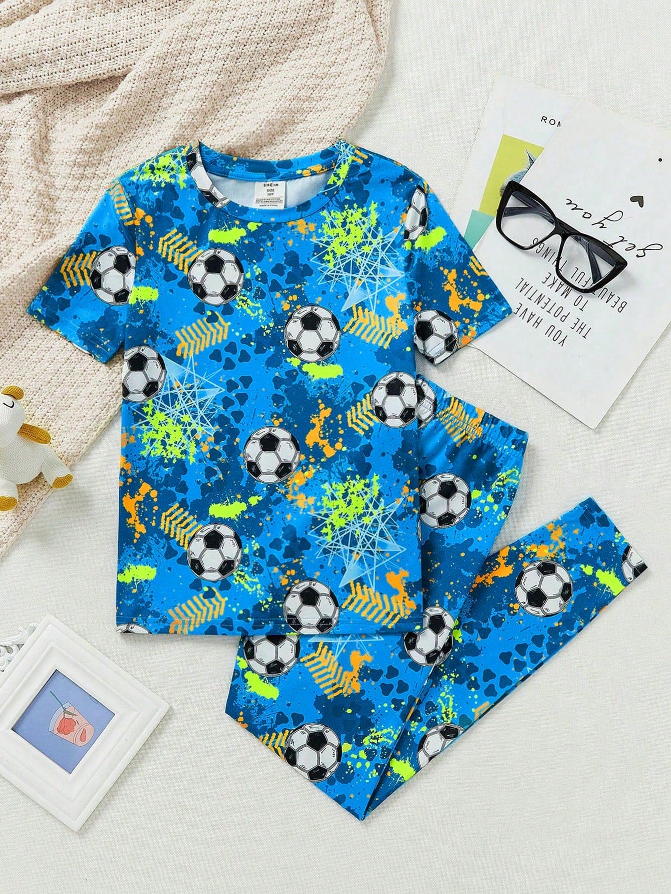 Tween Boy Snug Fit Soccer Pattern Round Neck Short Sleeve Top And Long Pants Knitted Home Wear Two Piece Set