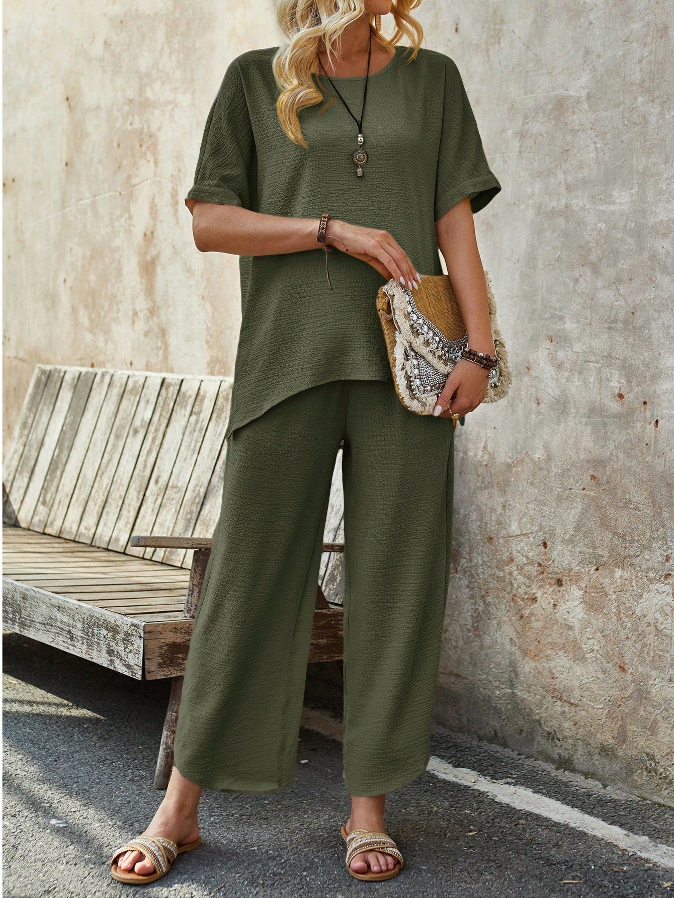 Women's Summer Short-Sleeve Asymmetrical Hem Top And Trousers Two-Piece Set