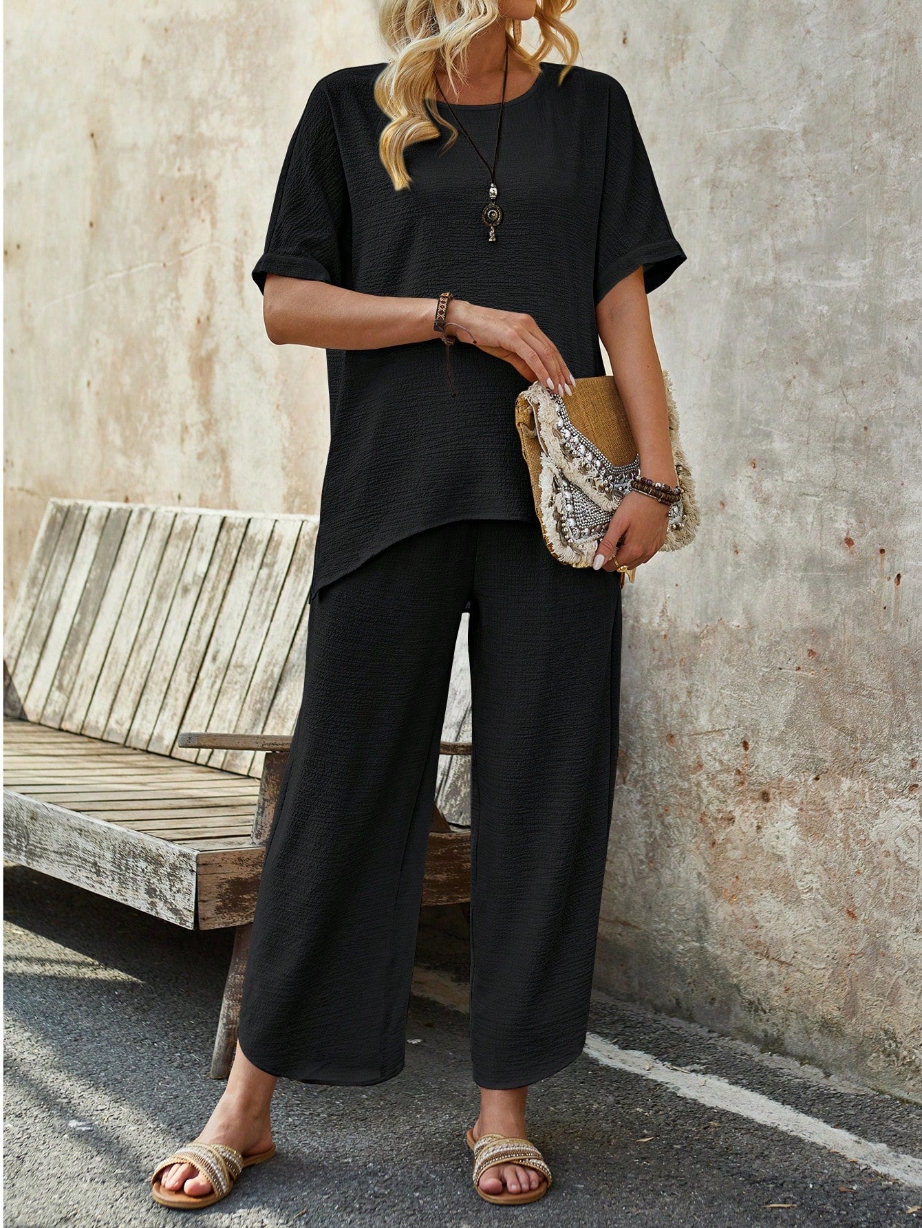 Women's Summer Short-Sleeve Asymmetrical Hem Top And Trousers Two-Piece Set