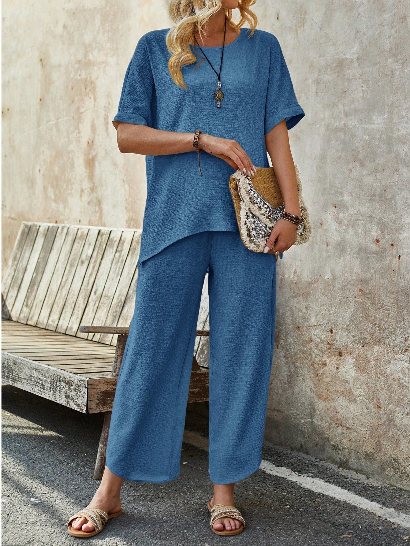 Women's Summer Short-Sleeve Asymmetrical Hem Top And Trousers Two-Piece Set