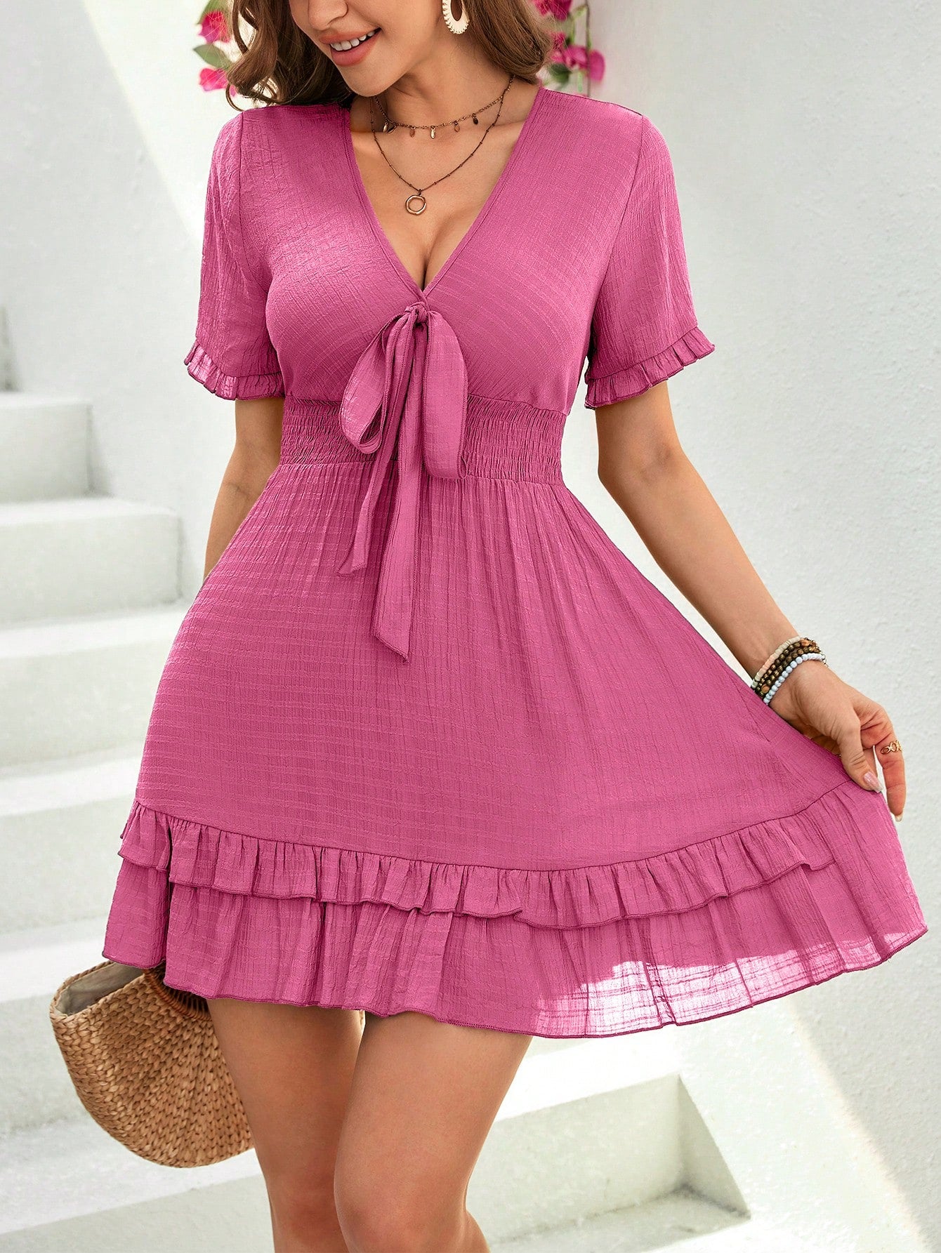 Casual V-Neck Lotus Leaf Hem Summer Dress