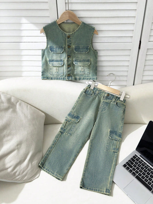 Young Boy 2pcs/Set Korean Style Fashionable Casual Retro Nostalgia Multi-Pocket Street Trend Comfortable Baggy Denim Vest And Jeans For Summer Vacation And Mother's Day Wishes Or Birthday Gifts Everyday Dailywear