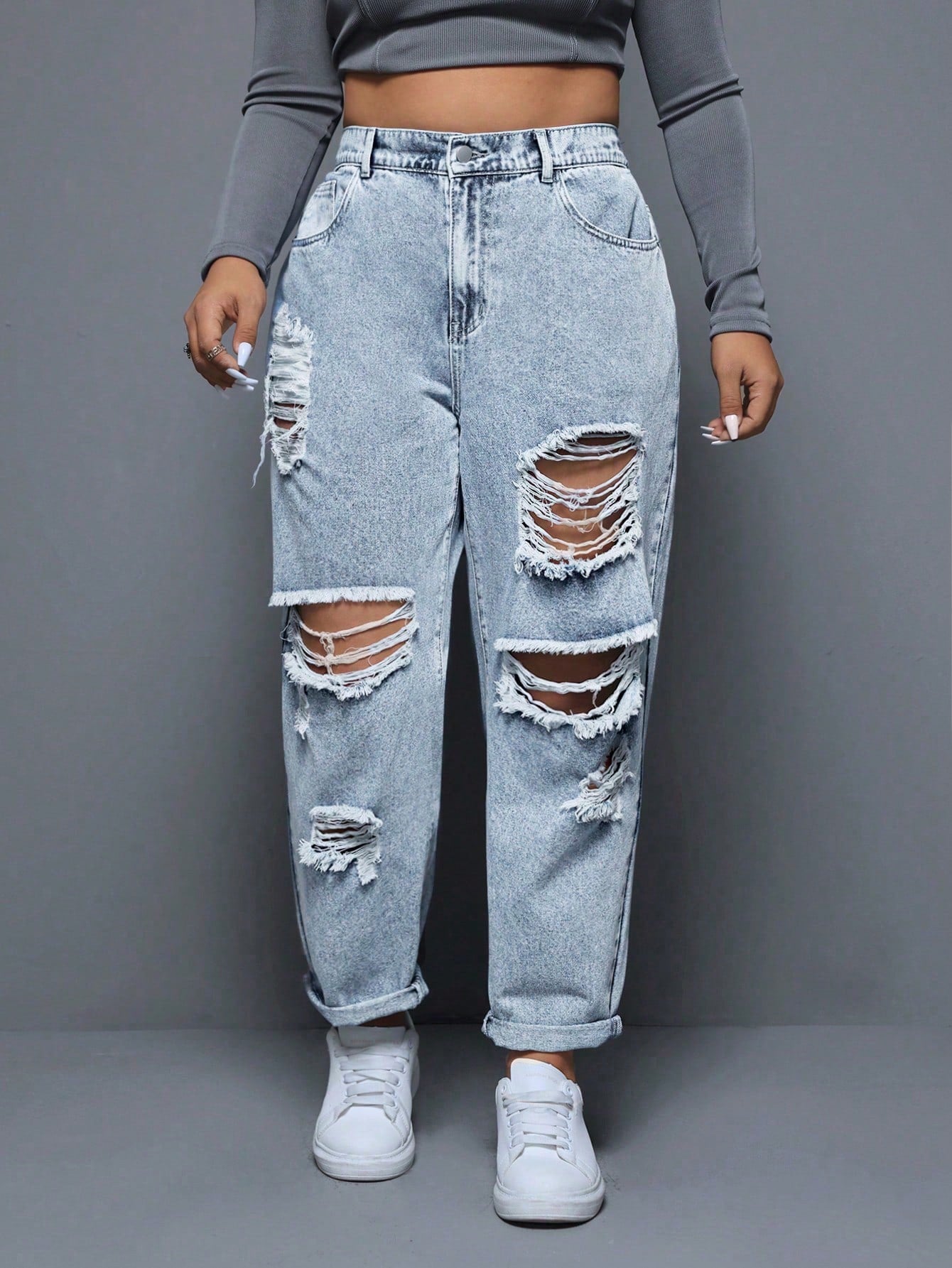 Plus Size Spring/Summer Casual Distressed Frayed Hem Tapered Jeans