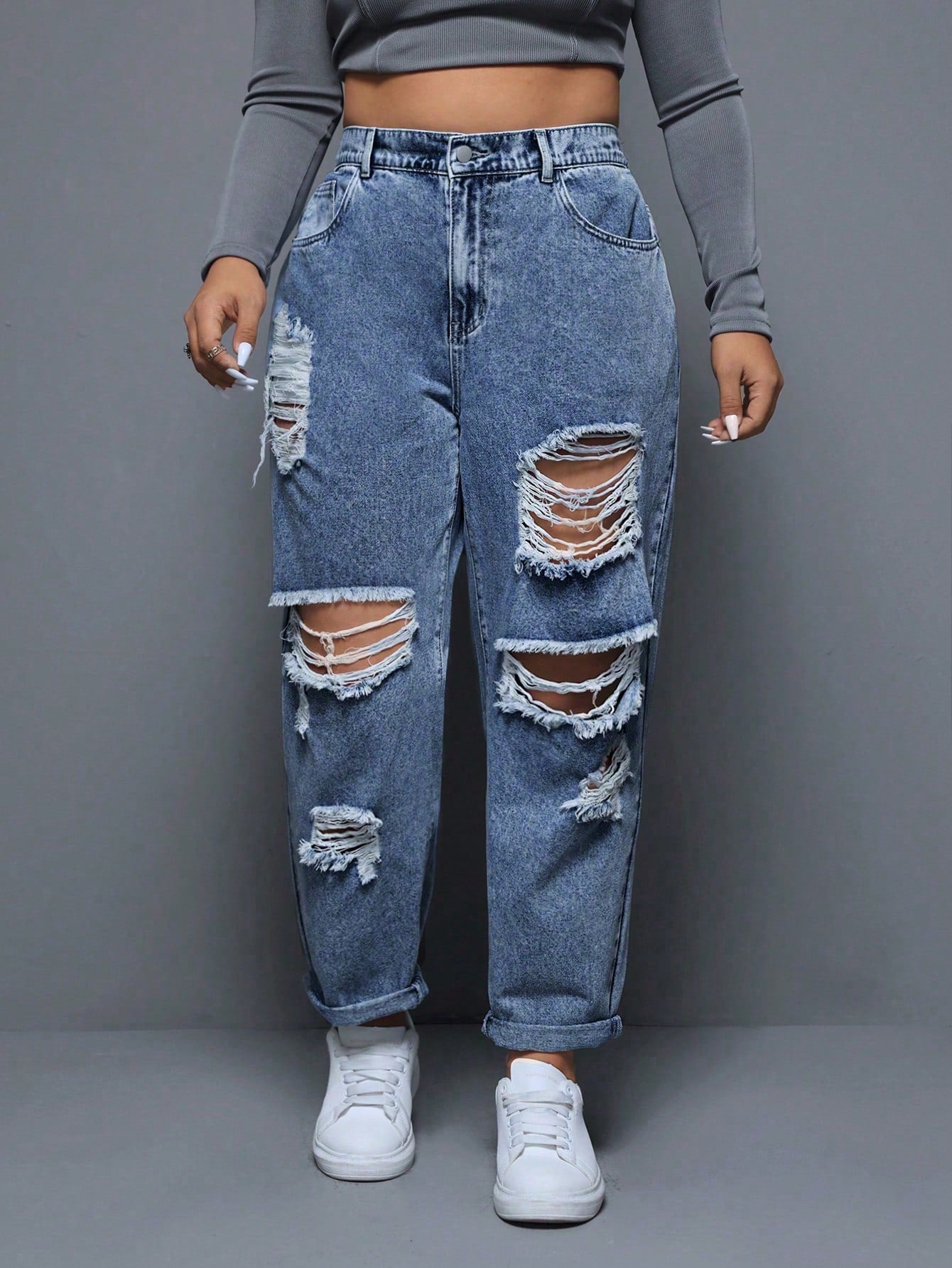 Plus Size Spring/Summer Casual Distressed Frayed Hem Tapered Jeans