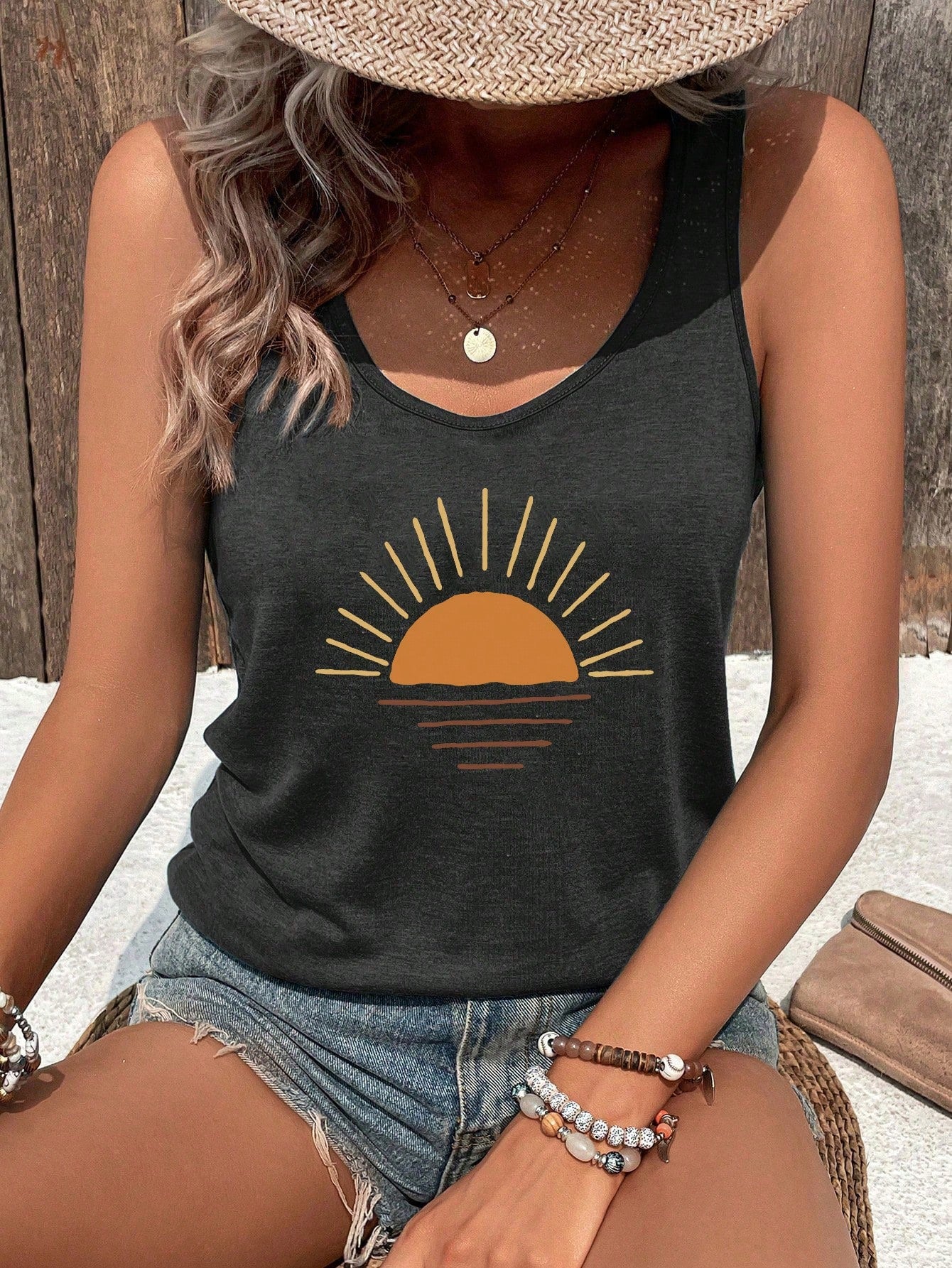 Women's Summer Sunset Printed Casual Tank Top With Round Neck