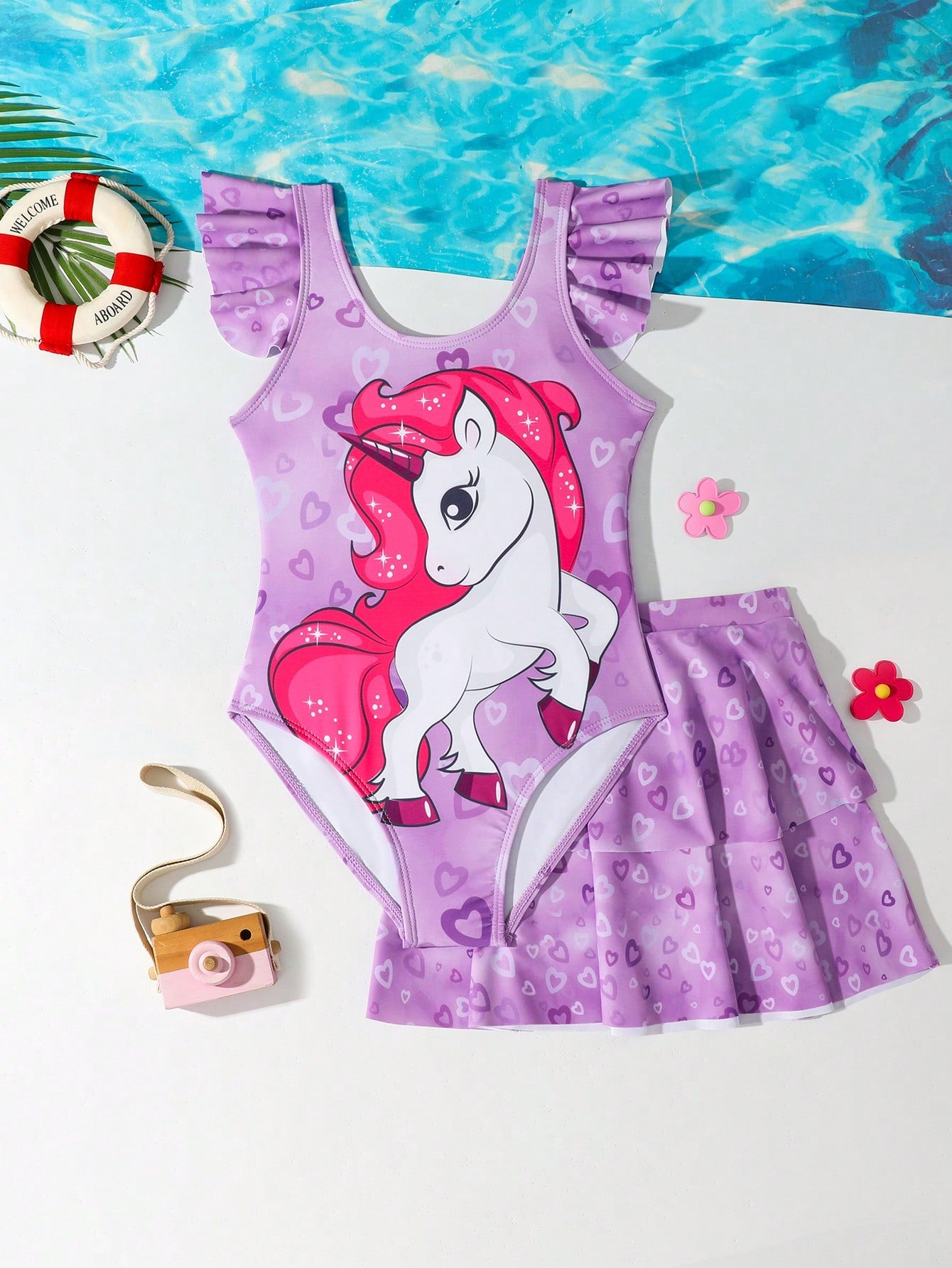 Young Girls' Unicorn & Heart Print One Piece Swimsuit With Skirt Set