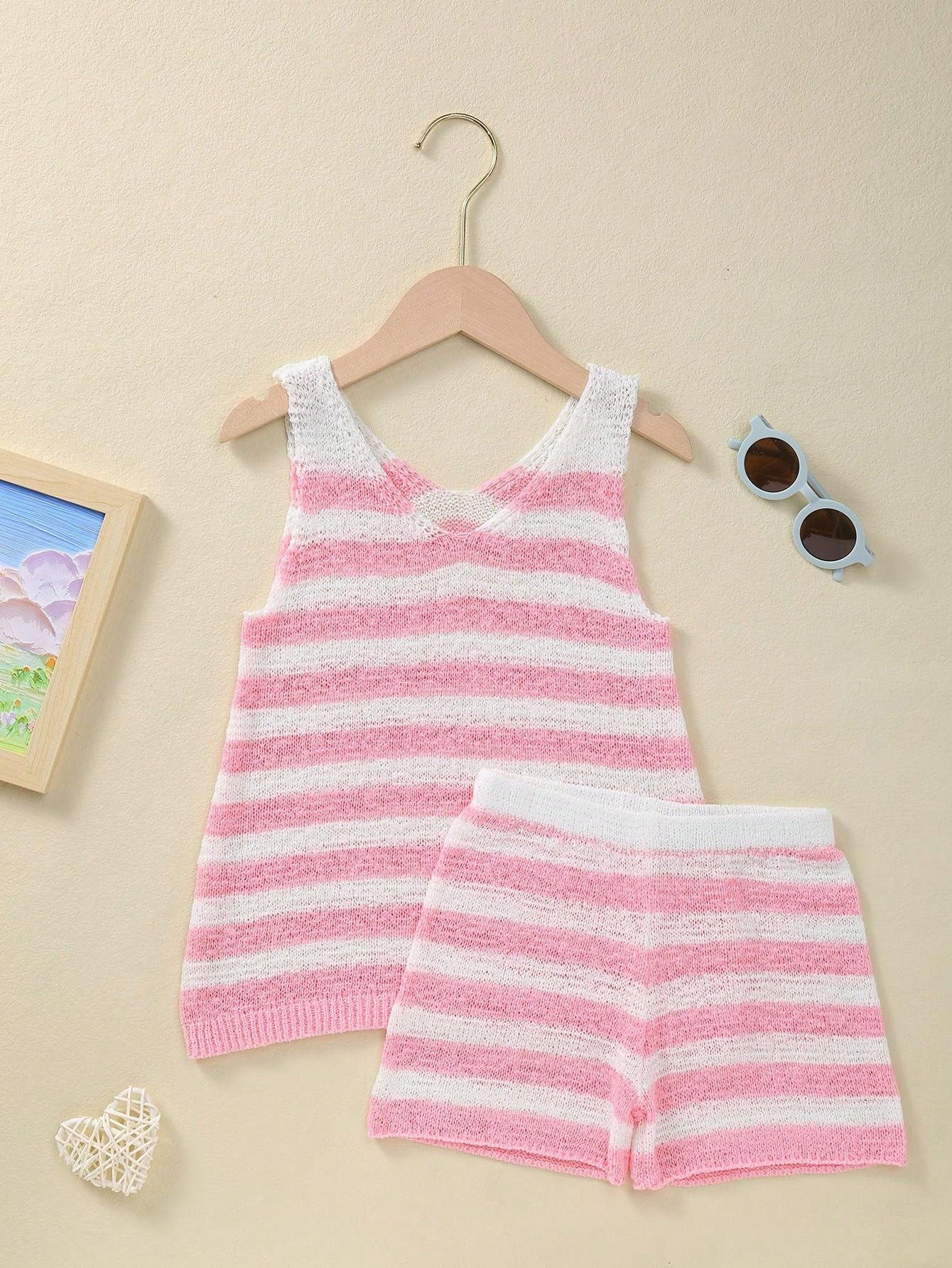 Young Girl Summer Knitted Set With Striped V-Neck Sleeveless Tank Knit Top And Elastic Waist Shorts