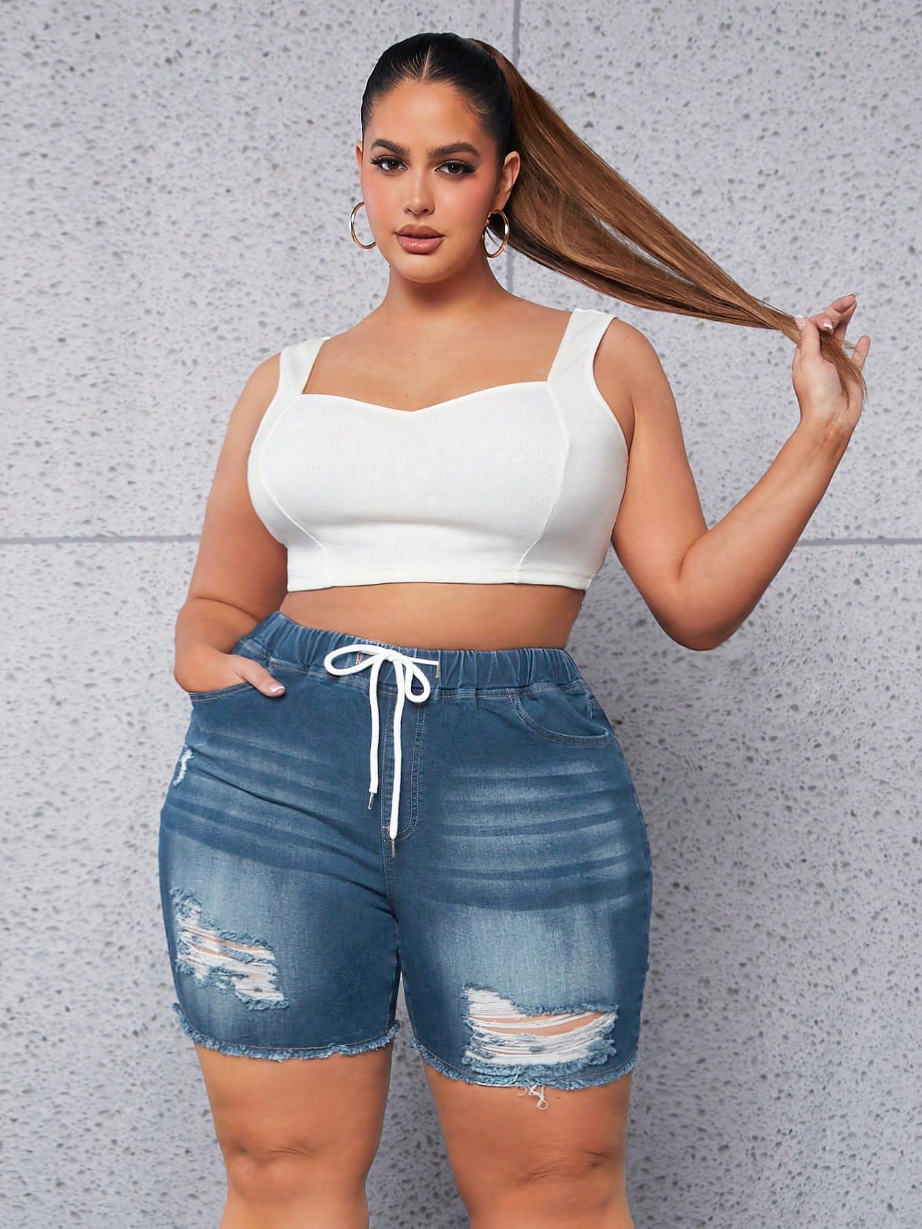 Plus Drawstring Waist Ripped Raw Cut Denim Shorts