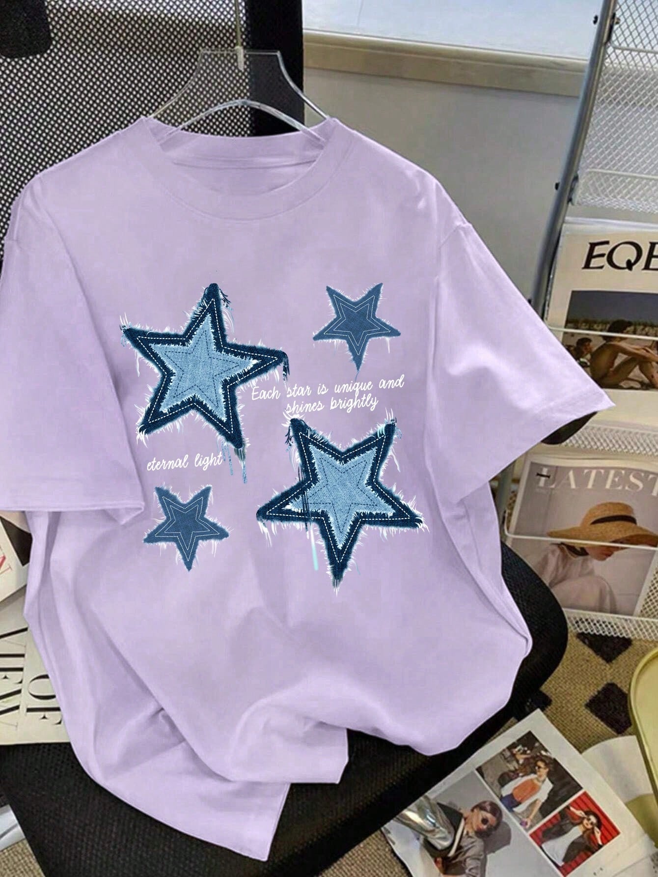 Teen Girls' Casual Simple Loose Fit Short Sleeve T-Shirt With Five-Pointed Star Pattern, Suitable For Summer