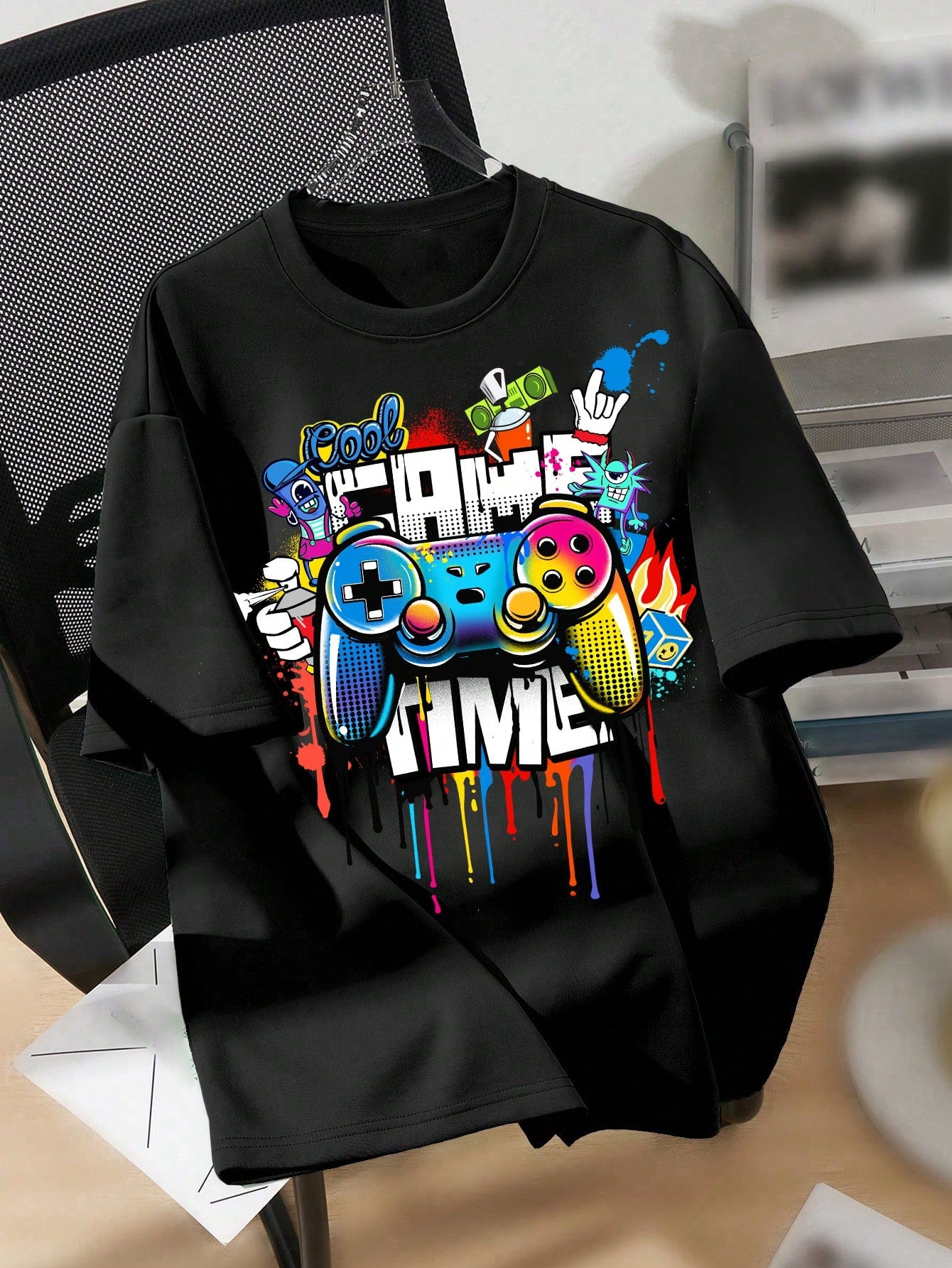 Tween Boys Leisure Simple Cartoon Game Console Print Short Sleeve Round Neck T-Shirt, Suitable For Summer