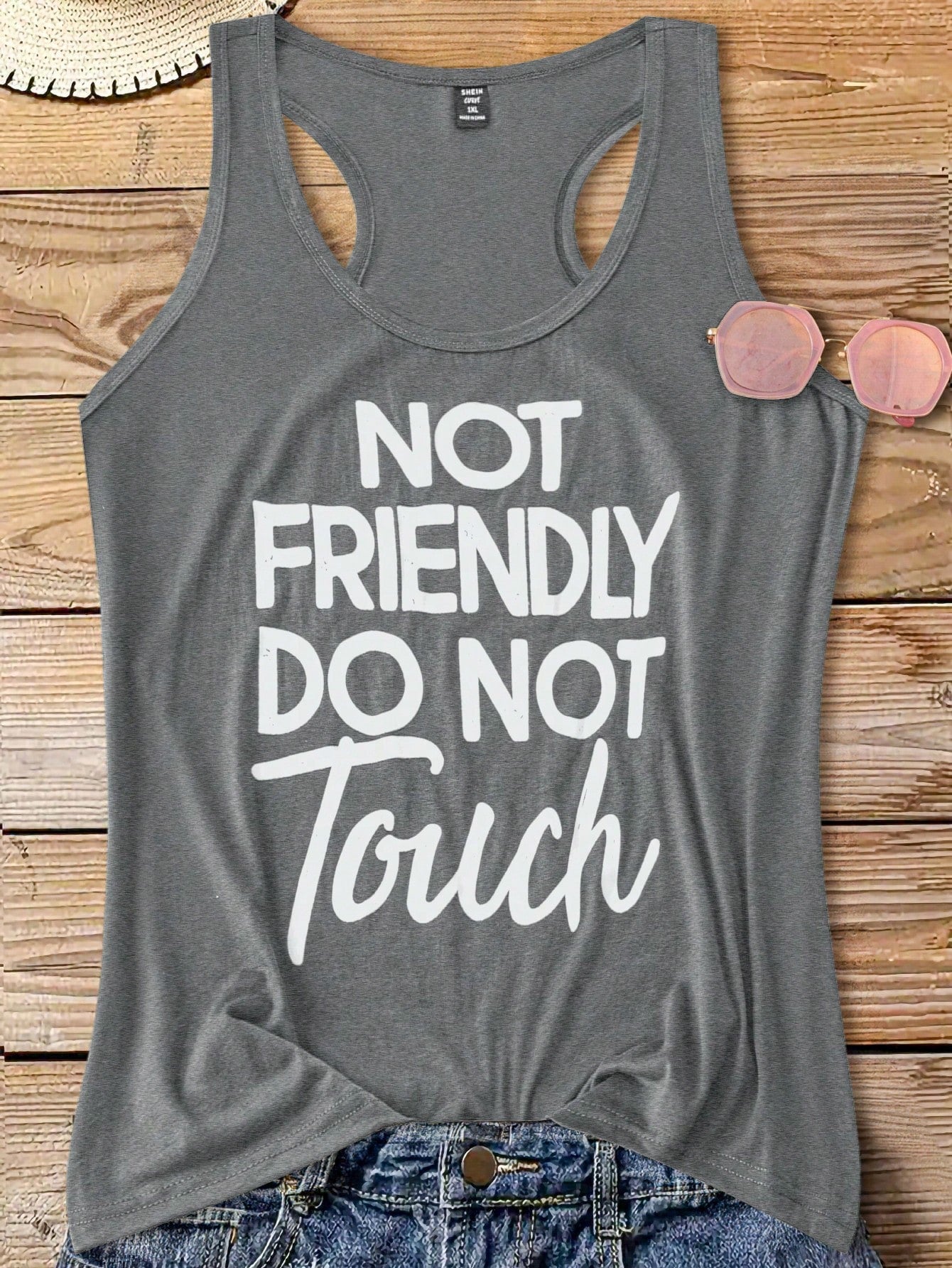 Plus Size Women's Slogan Print Sleeveless Top With Big Round Neckline, NOT FRIENDLY DO NOT Touch