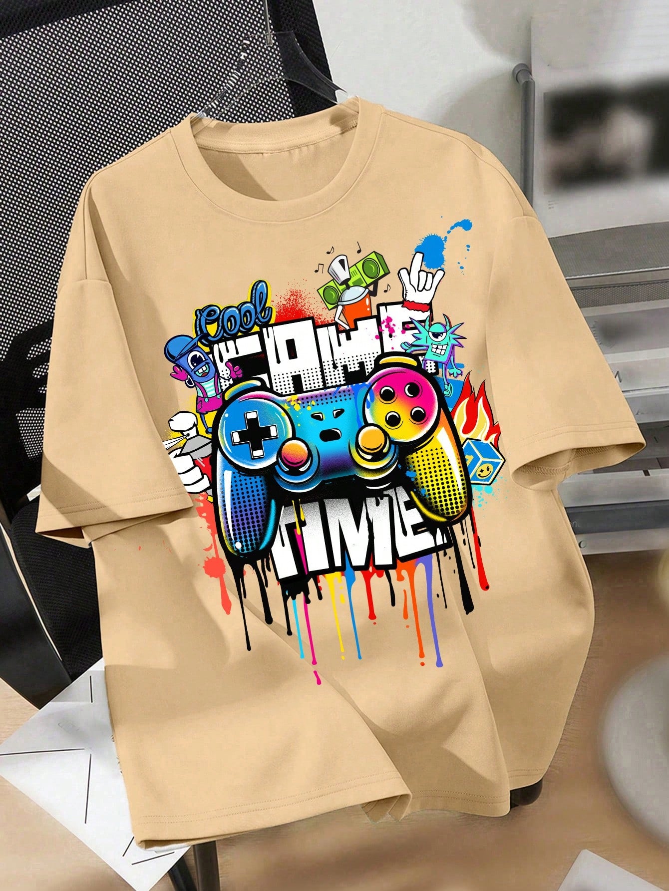 Tween Boys Leisure Simple Cartoon Game Console Print Short Sleeve Round Neck T-Shirt, Suitable For Summer