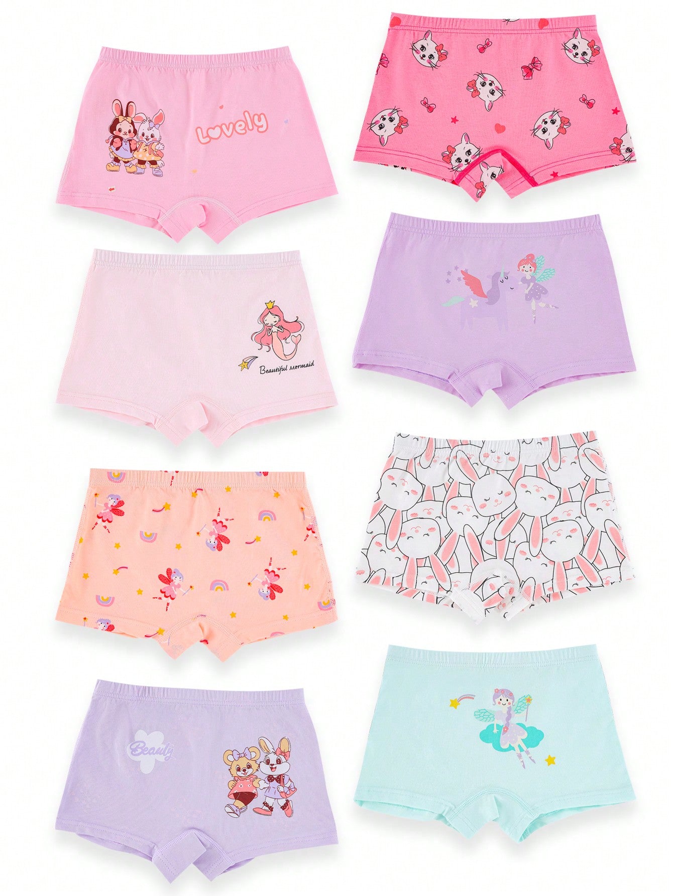 8pcs/Set Cute Cartoon Ballet Girl, Rabbit, Unicorn, Hedgehog Printed Mid-Rise Underwear For Young Girls, Four Seasons