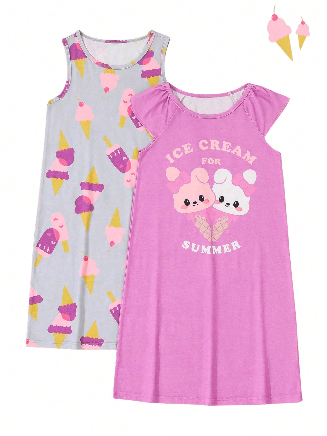 Tween Girl Two Pieces Set Of Cute Ice Cream Printed Sleeveless Nightgowns