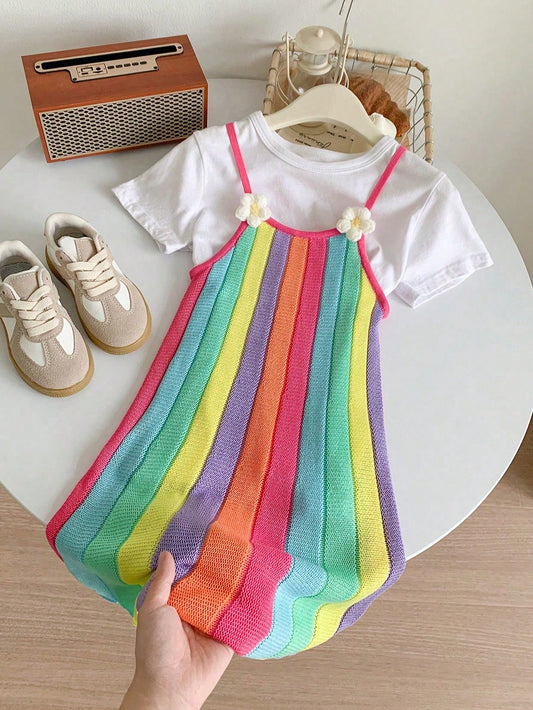 Young Girl Color Block Striped Spaghetti Strap Casual Sweater Dress