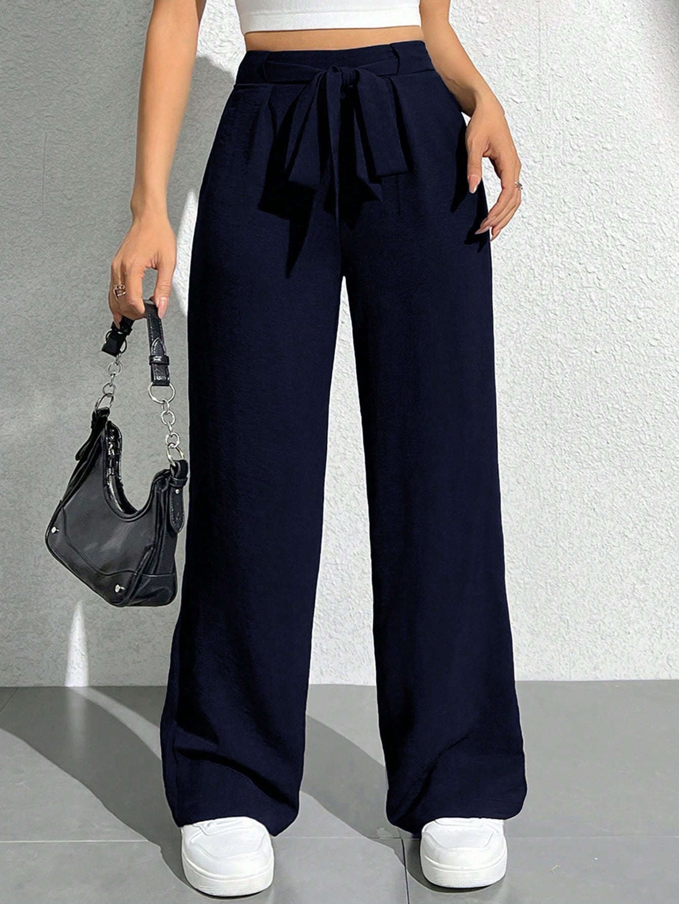 Solid Color High Waisted Belted Wide Leg Pants